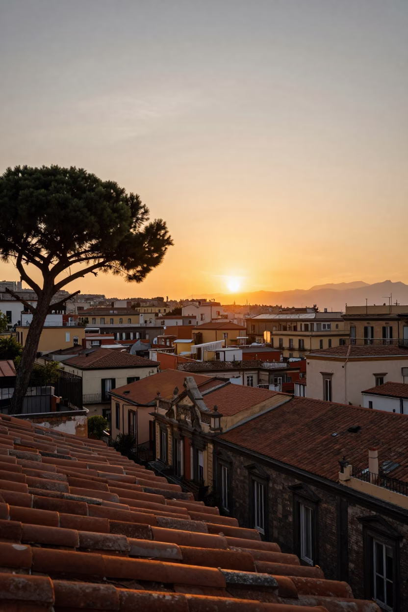Golden Hour Sunset Over Naples Italy Rooftops with Fig Tree and Traditional Architecture in in Naples, Italy