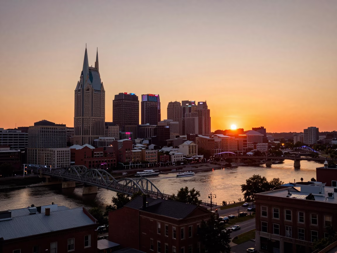 Golden Hour Sunset Over Nashville Tennessee Skyline and Riverfront Street Scene in in Nashville, Tennessee, United States