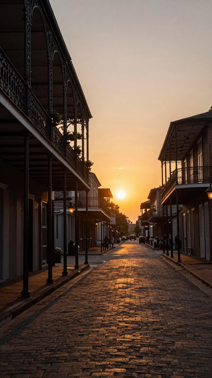 Golden Hour Sunset Over New Orleans French Quarter Balcony with German Wirehaired Pointer in in New Orleans, Louisiana, United States