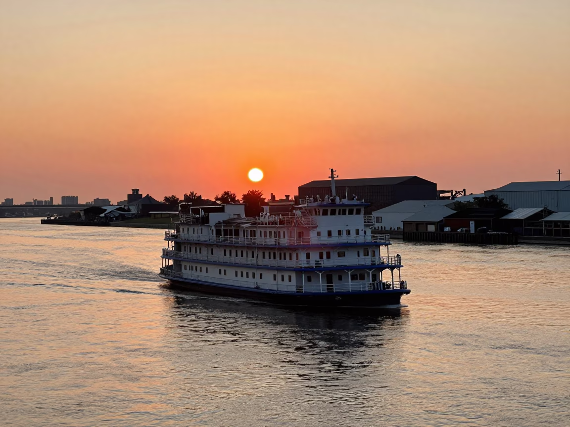 Golden Hour Sunset Over New Orleans Mississippi River Riverboat and Loading Dock Industrial Scene in in New Orleans, Louisiana, United States