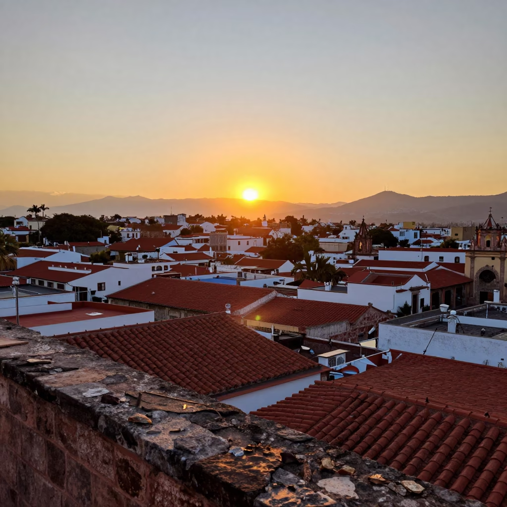 Golden Hour Sunset Over Oaxaca City Rooftops and Terracotta Tiles in in Oaxaca, Mexico