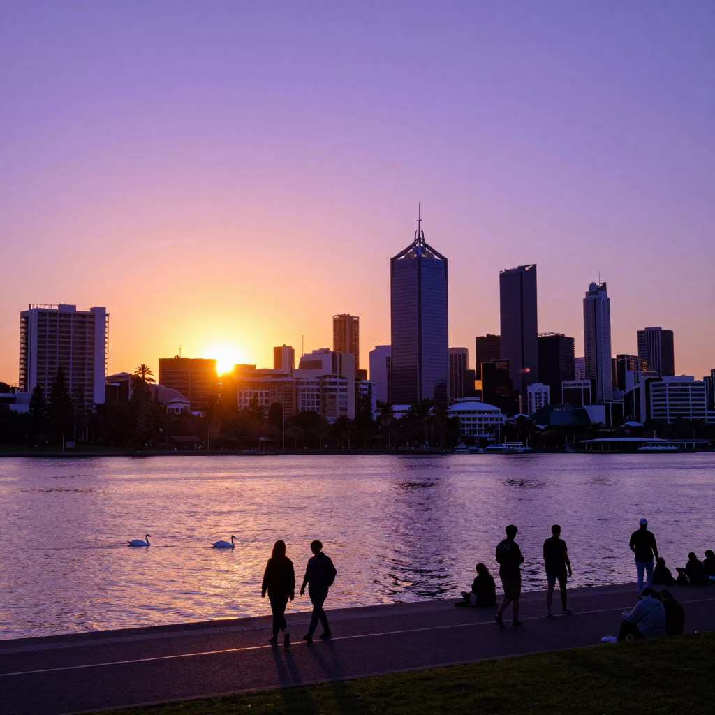Golden Hour Sunset Over Perth CBD Skyline and Swan River Promenade Walkway in in Perth, Western Australia, Australia
