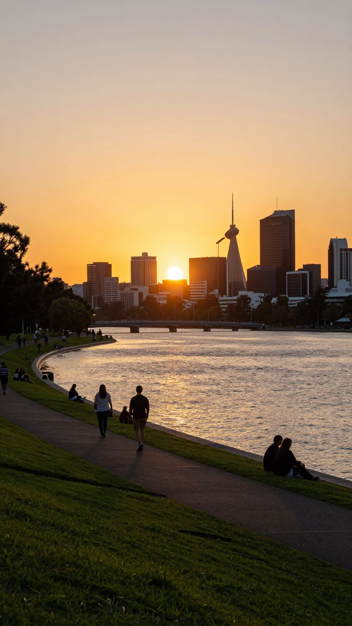 Golden Hour Sunset Over Perth Swan River with City Skyline and Parkland in in Perth, Western Australia, Australia
