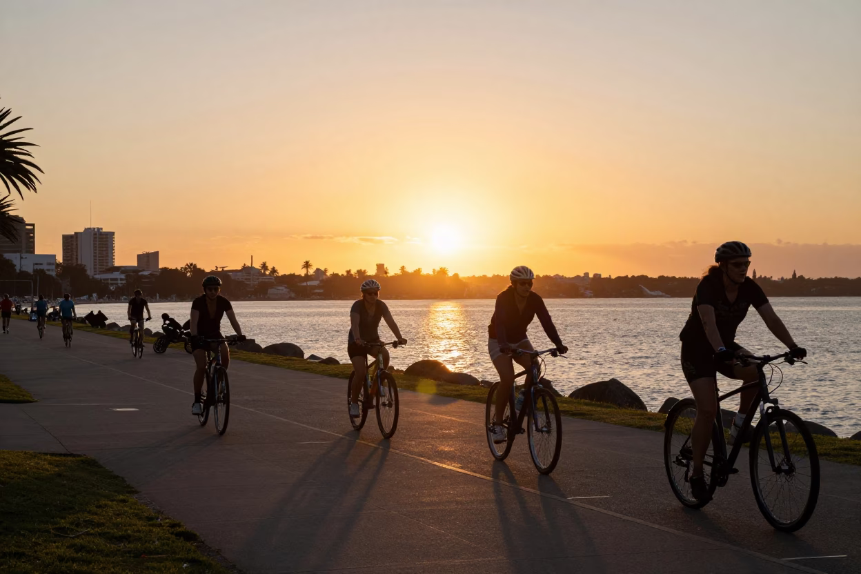 Golden Hour Sunset Over Perth Waterfront Promenade with Cyclists and Park Benches in in Perth, Western Australia, Australia