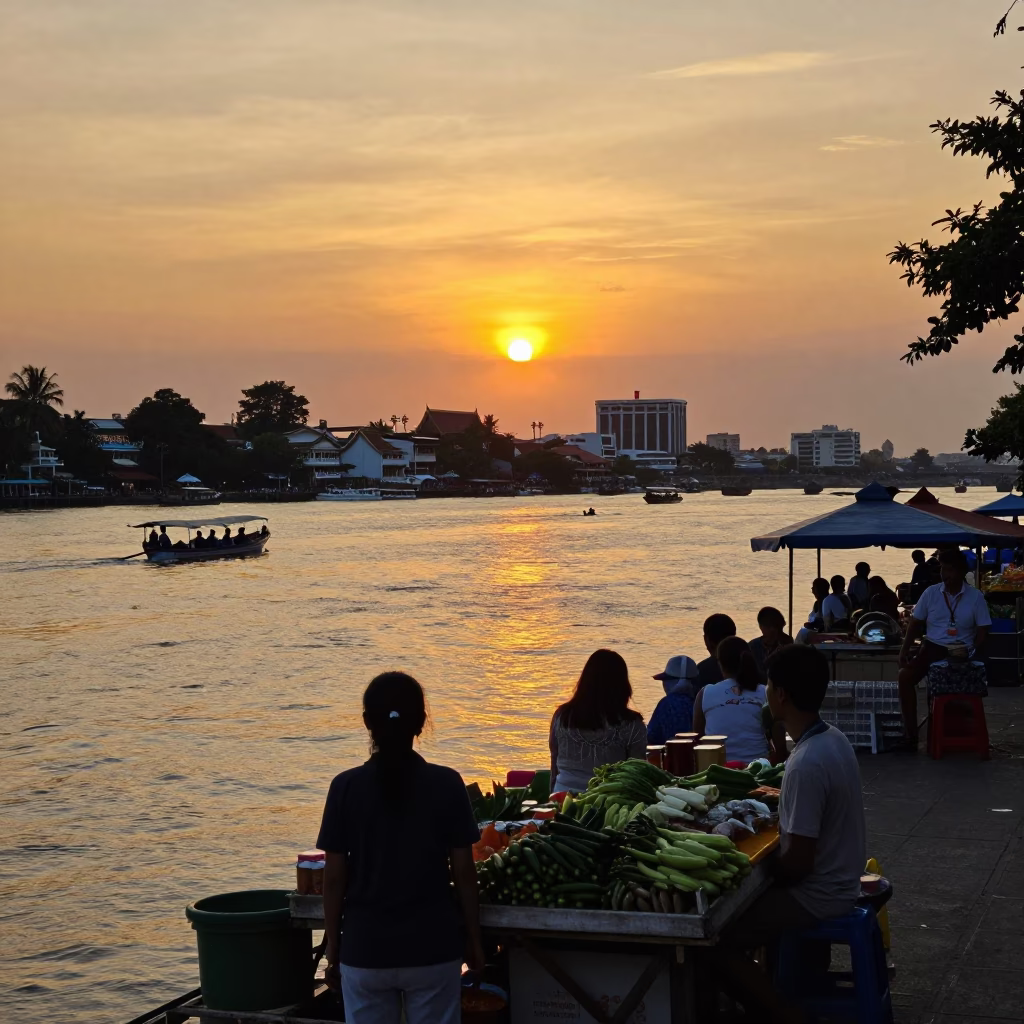 Golden Hour Sunset Over Phnom Penh Mekong Riverfront With Local Market Activity in in Phnom Penh, Cambodia