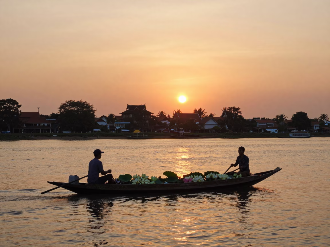 Golden Hour Sunset Over Phnom Penh River with Sampan and City Skyline in in Phnom Penh, Cambodia