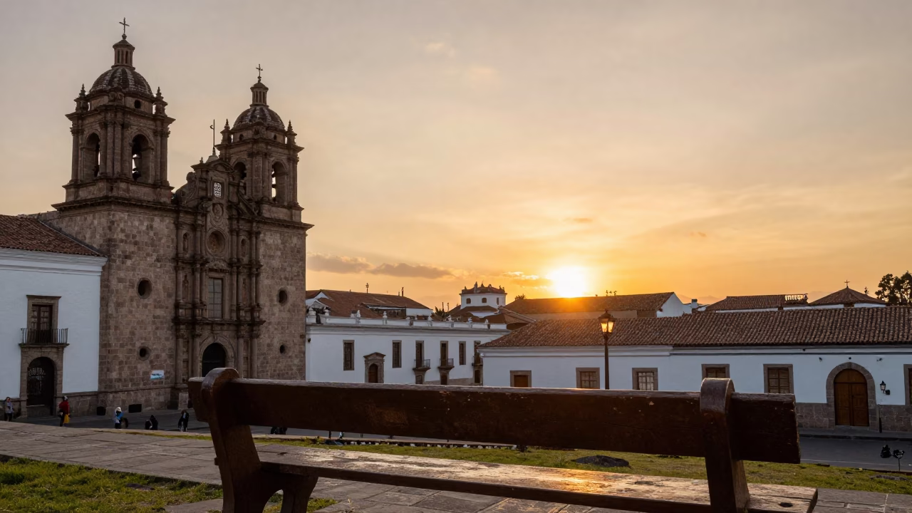 Golden Hour Sunset Over Quito Ecuador Colonial Architecture and Andean Sky in in Quito, Ecuador