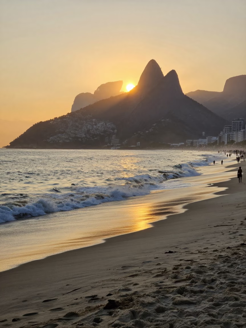 Golden Hour Sunset Over Rio de Janeiro Beach with Papyrus and Ocean Waves in in Rio de Janeiro, Brazil