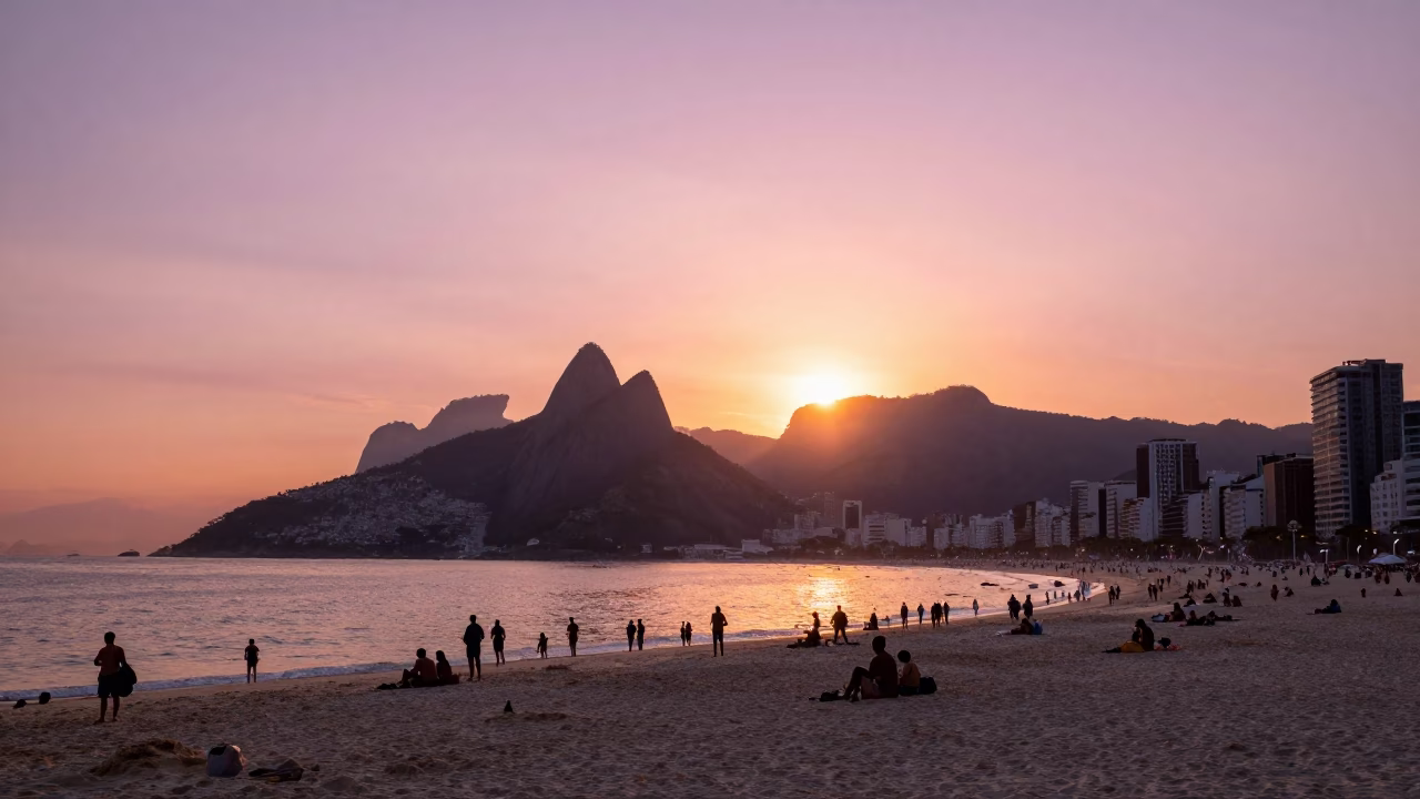 Golden Hour Sunset Over Rio de Janeiro Copacabana Beach with Tourists and Lifeguard Tower in in Rio de Janeiro, Brazil