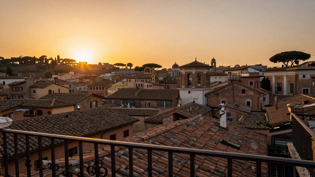 Golden Hour Sunset Over Roman Rooftops and Terracotta Tiles in Rome Italy in in Rome, Italy