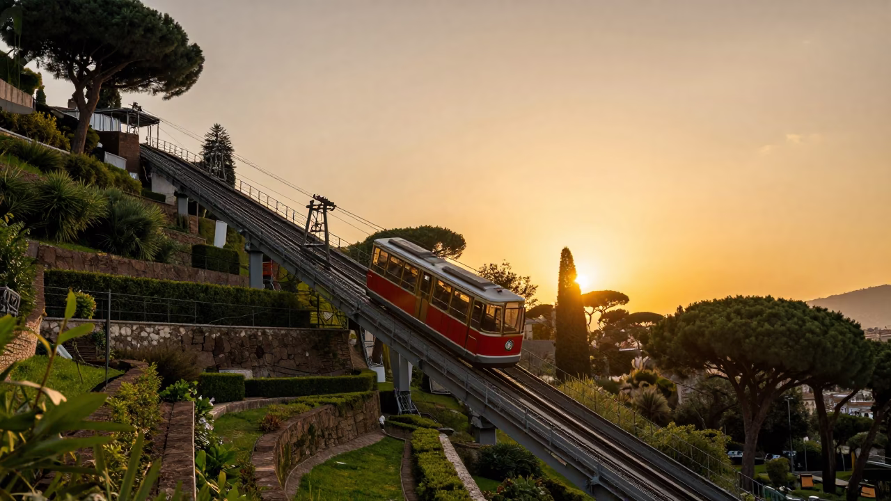 Golden Hour Sunset Over Rome Italy Funicular Railway Terraced Gardens and City Skyline in in Rome, Italy