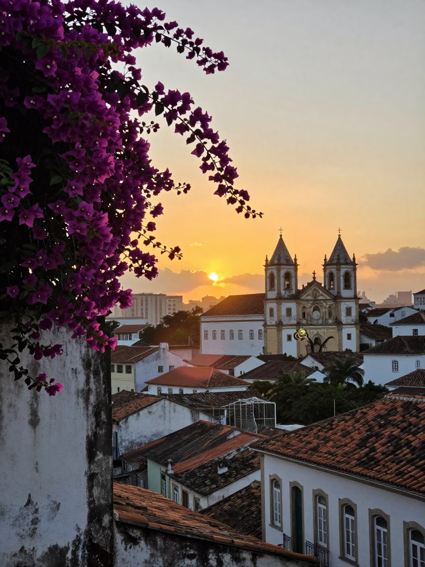 Golden Hour Sunset Over Salvador Brazil With Bougainvillea and Colonial Architecture in in Salvador, Brazil
