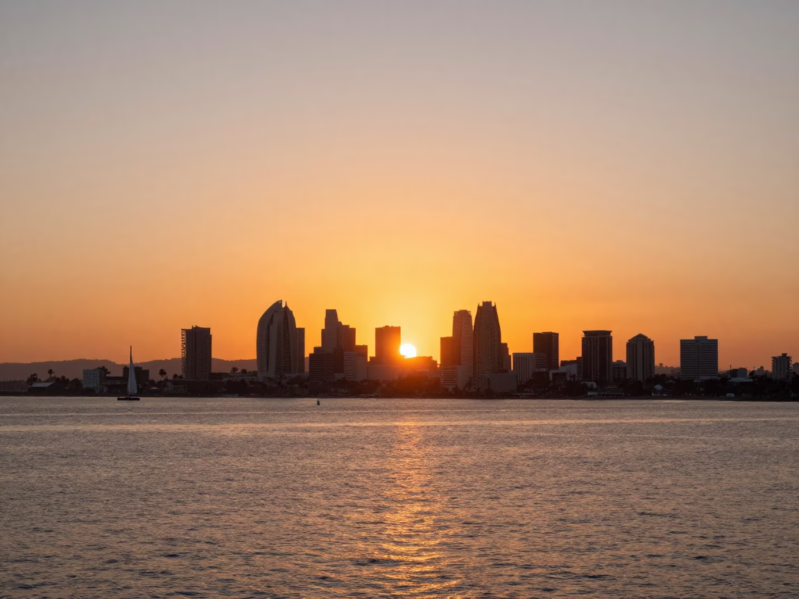 Golden Hour Sunset Over San Diego Bay with Condensation on Metal Railing in in San Diego, California, United States