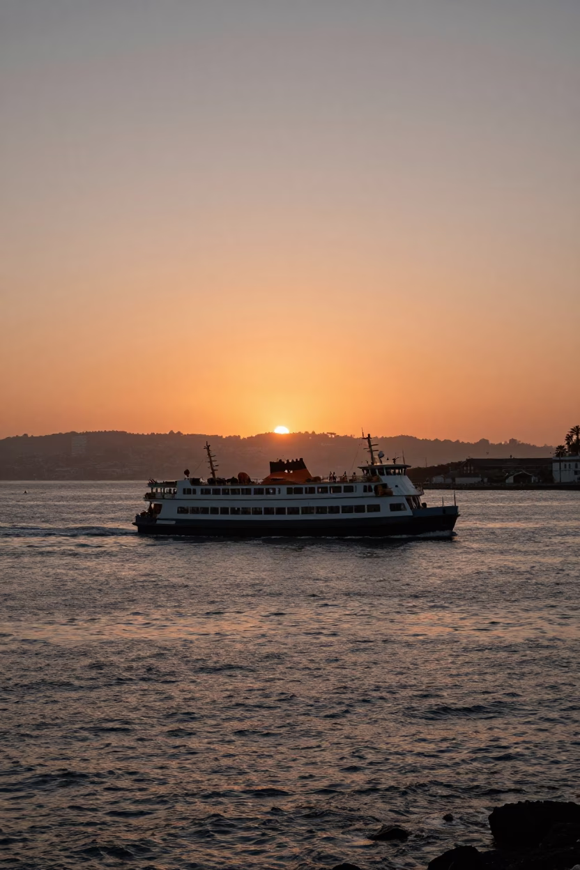 Golden Hour Sunset Over San Francisco Bay with Ferry and Cable Car in in San Francisco, California, United States