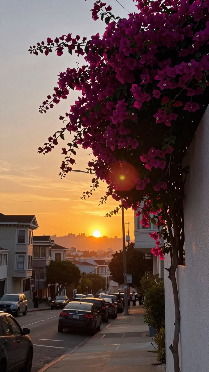 Golden Hour Sunset Over San Francisco Street Scene with Bougainvillea and Urban Architecture in in San Francisco, California, United States