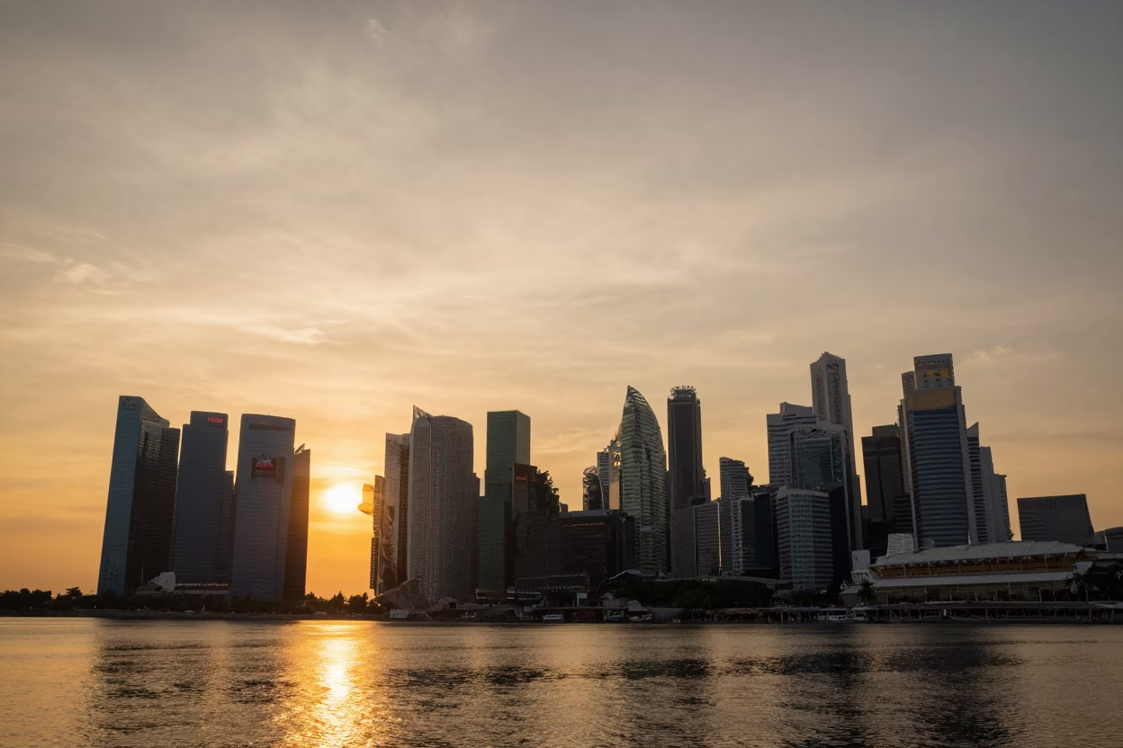 Golden Hour Sunset Over Singapore Skyline and Marina Bay Waterfront View in in Singapore, Singapore