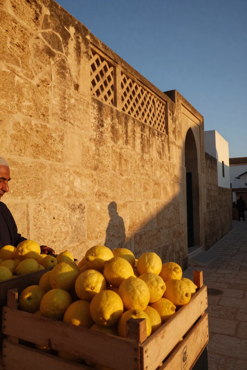 Golden Hour Sunset Over Tunis Medina Lemons and Lattice Substation Sky in in Tunis, Tunisia