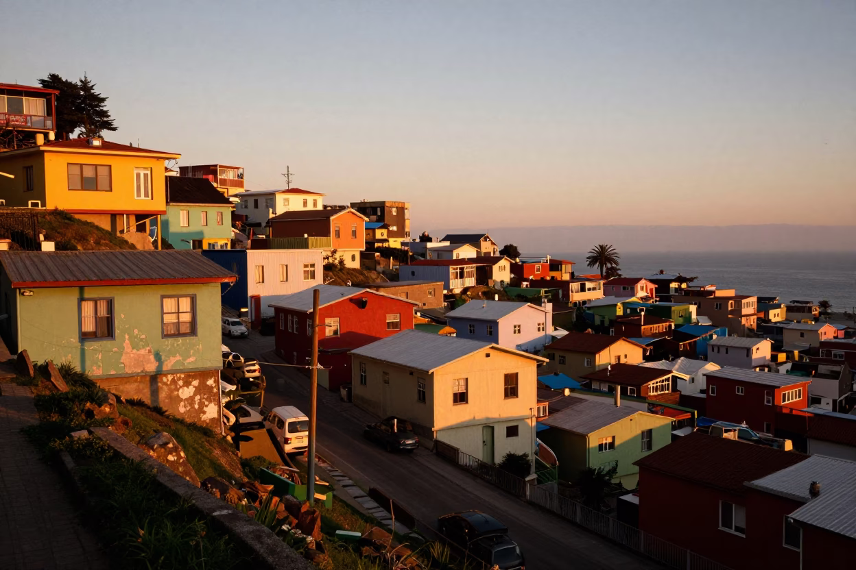 Golden Hour Sunset Over Valparaiso Chile Colorful Hillside Neighborhood Street Scene in in Valparaiso, Chile