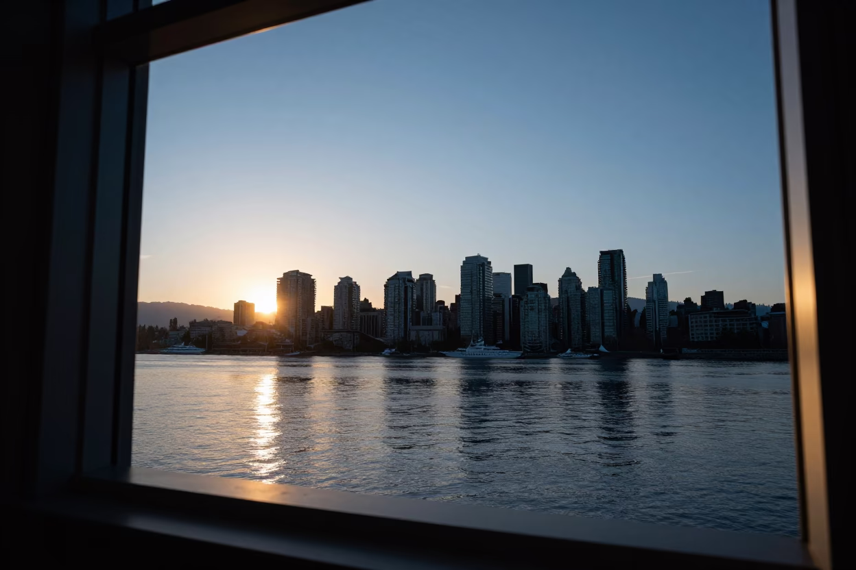Golden Hour Sunset Over Vancouver British Columbia Skyline and Harbor Water in in Vancouver, British Columbia, Canada