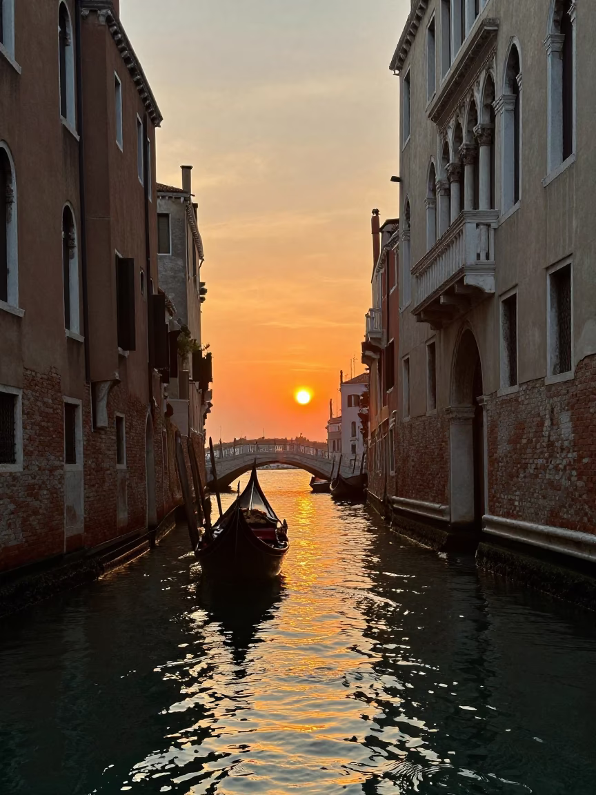 Golden Hour Sunset Over Venice Canals With Traditional Gondola and Historic Architecture in in Venice, Italy