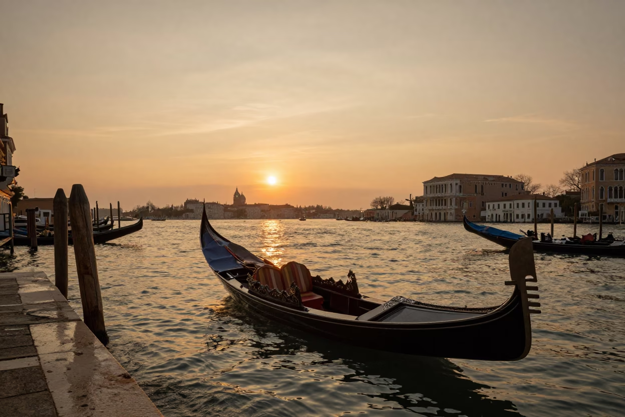 Golden Hour Sunset Over Venice Canals with Traditional Gondolas and Historic Architecture in in Venice, Italy