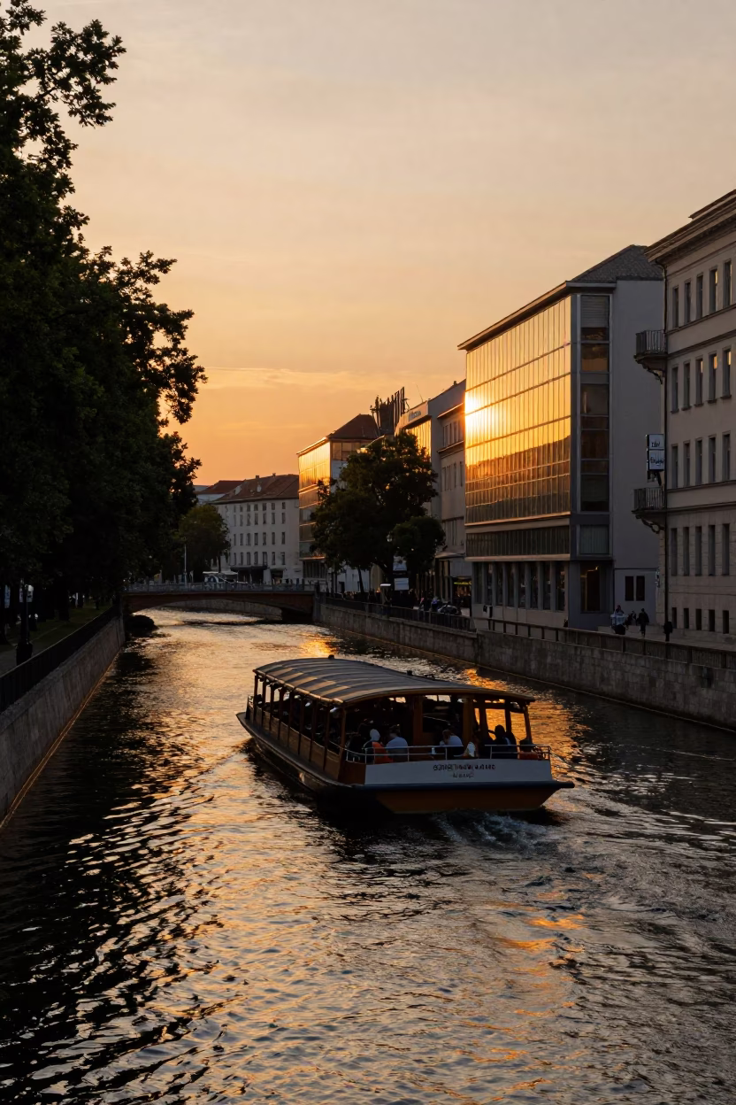 Golden Hour Sunset Over Vienna Canal with Tourist Barge and City Reflections in in Vienna, Austria