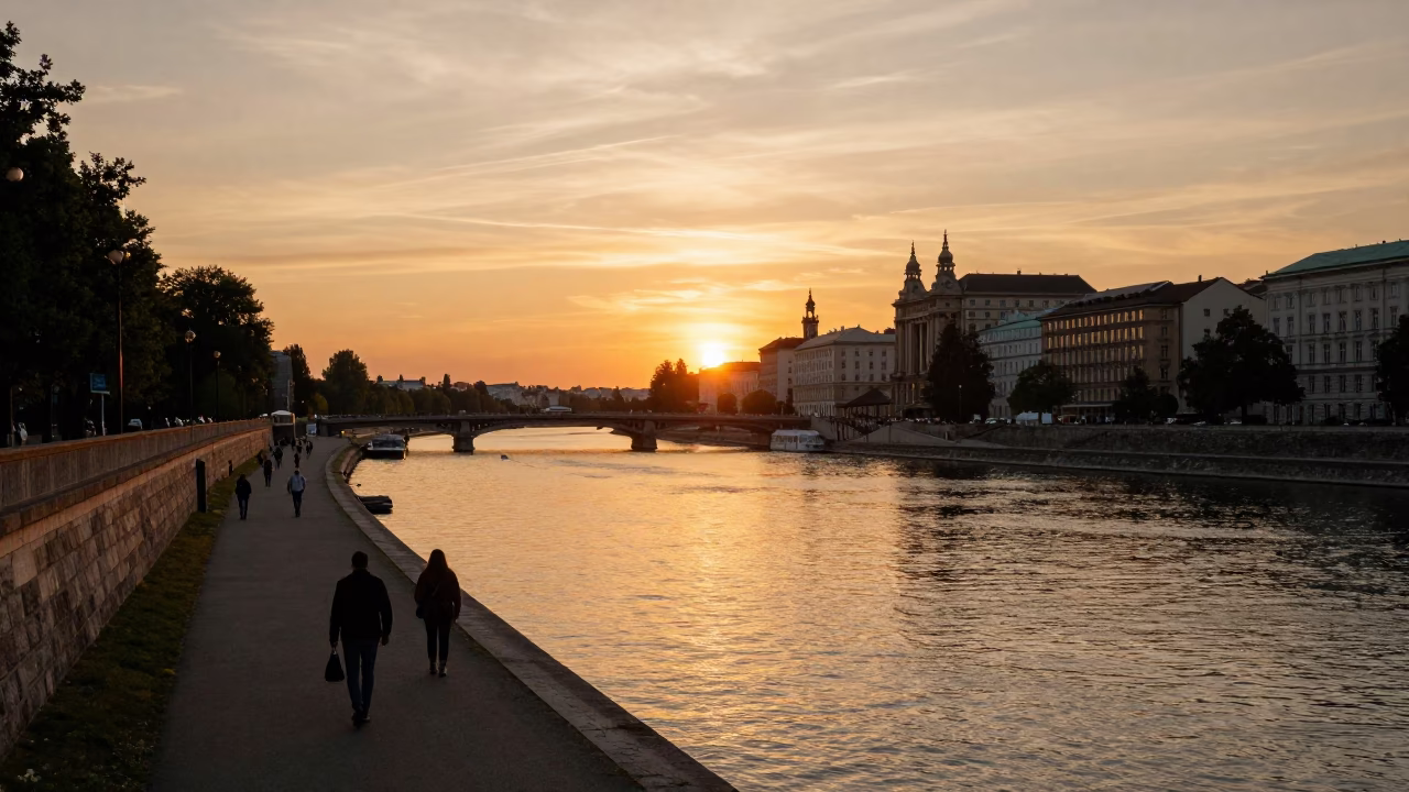 Golden Hour Sunset Over Vienna Danube Canal With Local Street Life And Historic Architecture in in Vienna, Austria