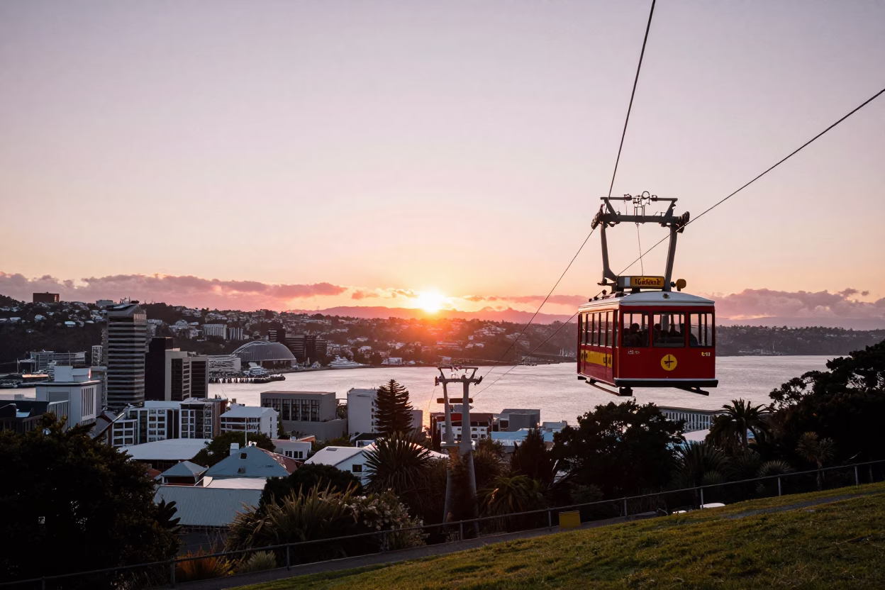 Golden Hour Sunset Over Wellington Harbour and Cable Car Against Clear Sky in in Wellington, New Zealand