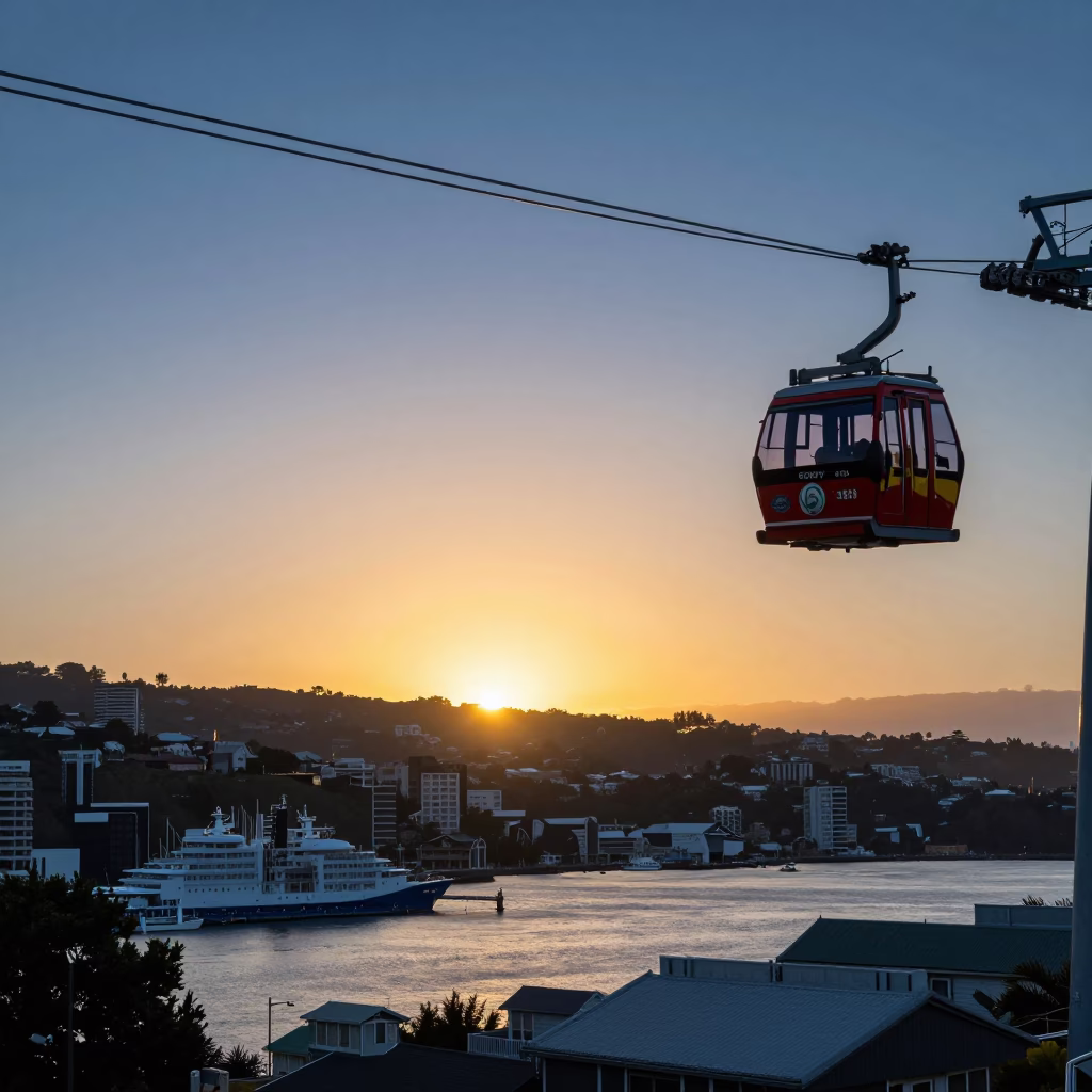 Golden Hour Sunset Over Wellington Harbour and Cable Car Against Evening Sky in in Wellington, New Zealand
