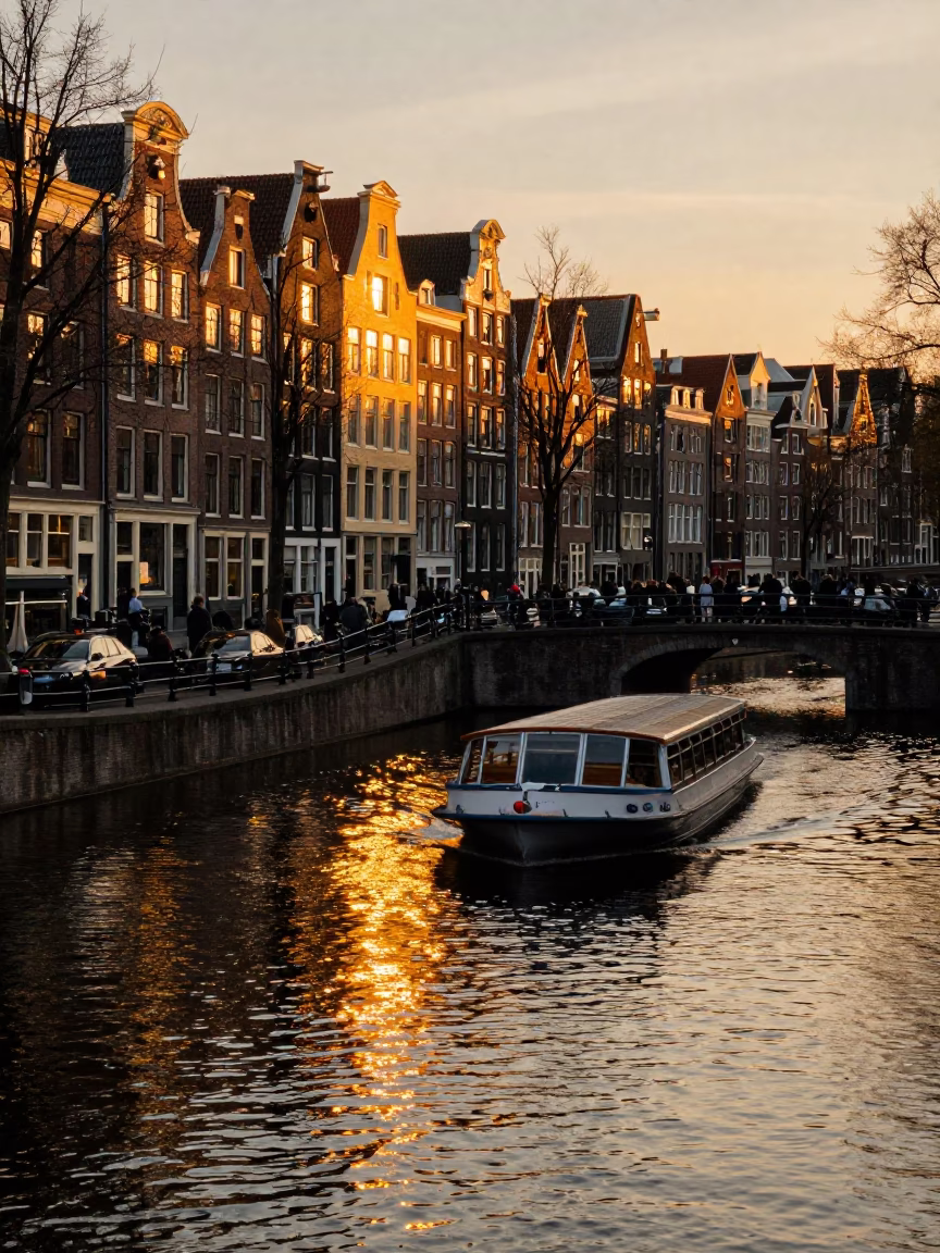 Golden Hour Sunset Reflections on Amsterdam Canal with Crowded Ferry and Woven Cane Light in in Amsterdam, Netherlands