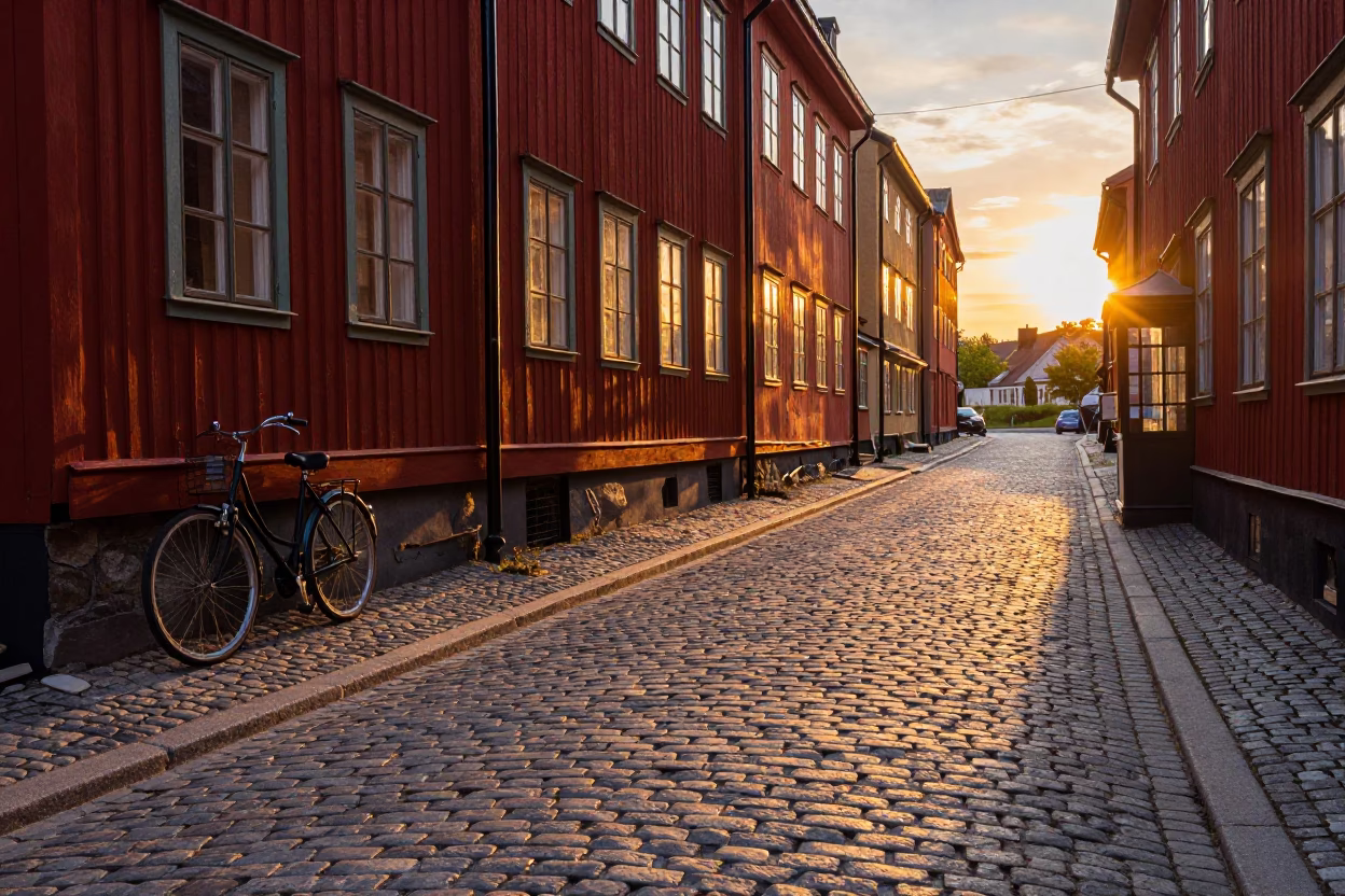 Golden Hour Sunset Reflections on Stockholm Cobblestone Street with Vintage 1990s Aesthetic in in Stockholm, Sweden