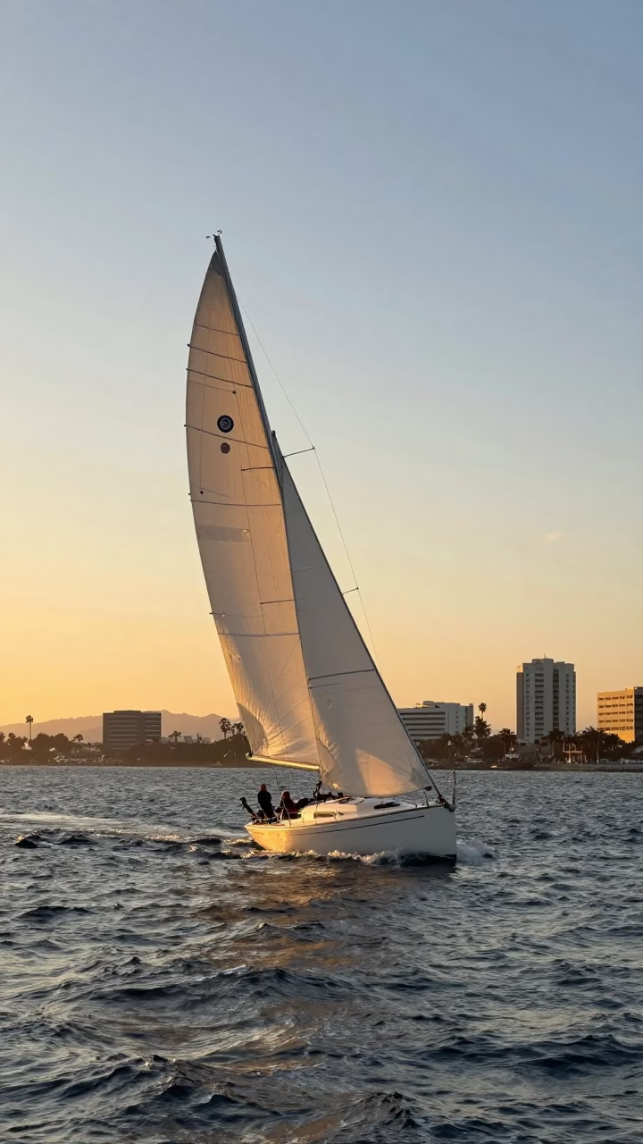Golden Hour Sunset Sailboat Tacking Near San Diego Harbor Coastline in in San Diego, California, United States