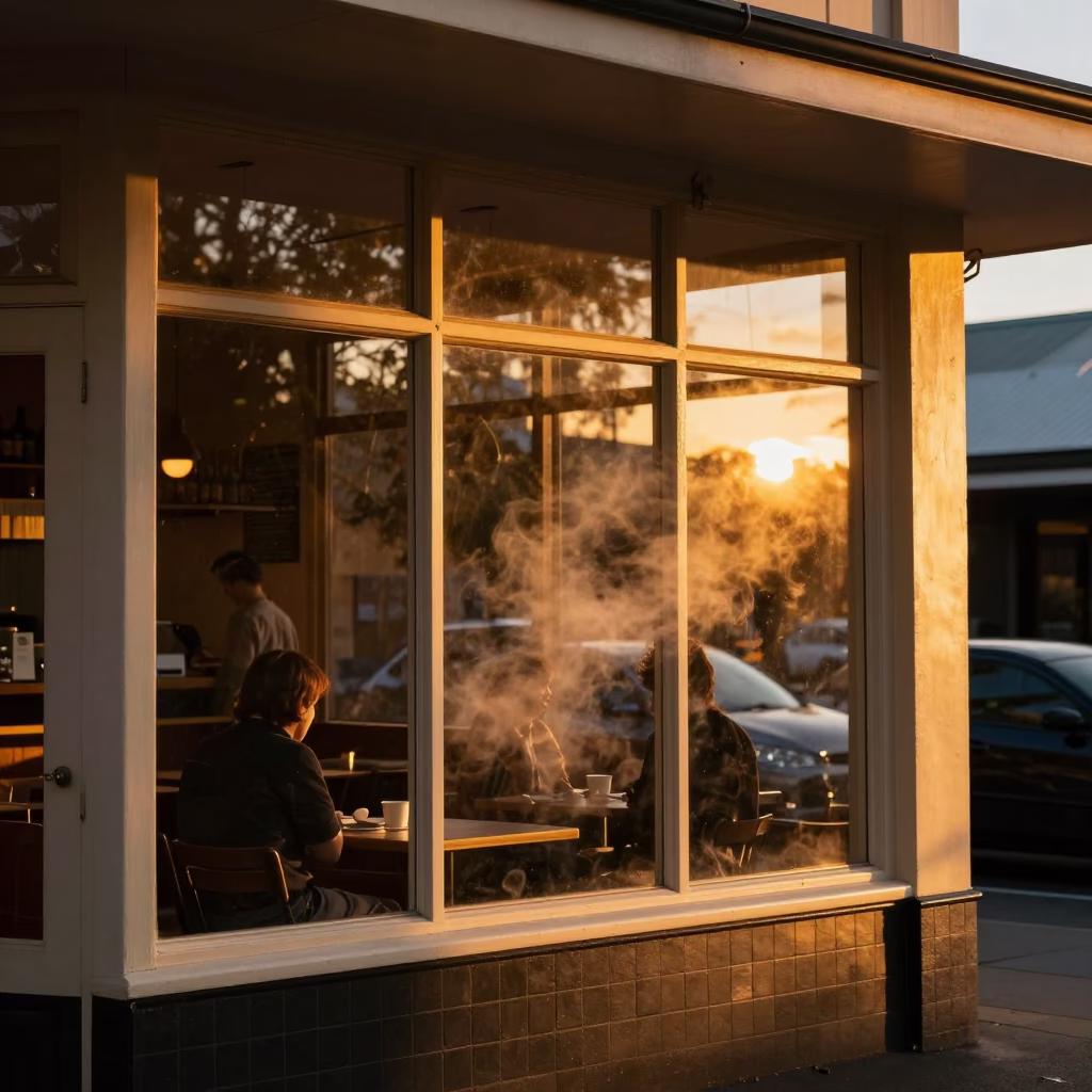 Golden Hour Sunset Scene at Perth Café with Steam and Tea Service in in Perth, Western Australia, Australia