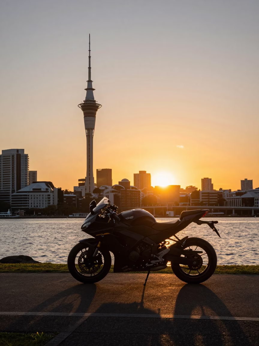 Golden Hour Sunset Silhouette of Auckland Sky Tower and Harbor Bridge Street Scene in in Auckland, New Zealand