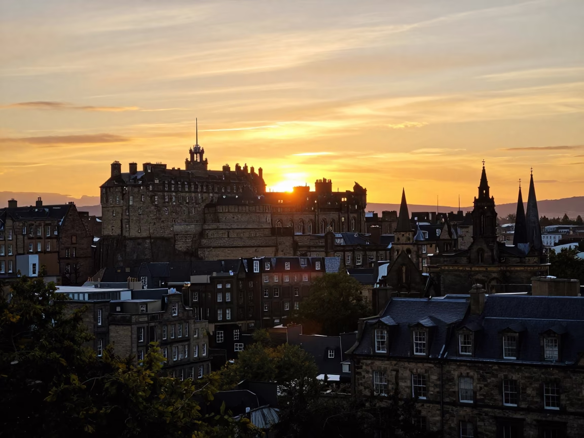 Golden Hour Sunset View of Edinburgh Castle and Royal Mile Street Life in in Edinburgh, United Kingdom