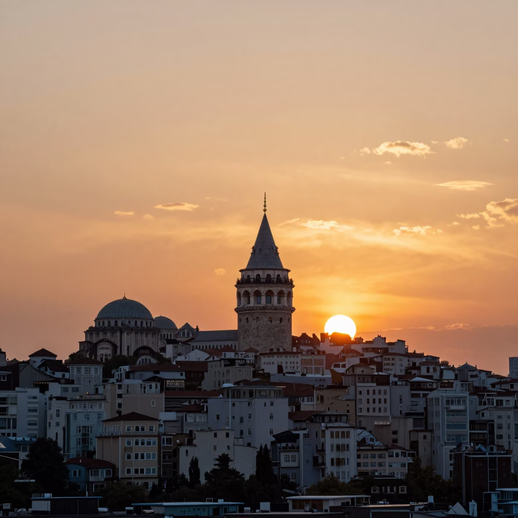Golden Hour Sunset View of Galata Tower and Bosphorus Waterfront in Istanbul Turkey in in Istanbul, Turkey