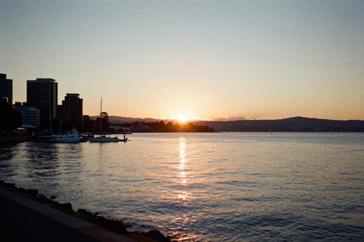 Golden Hour Sunset View of Hobart Waterfront and Mount Wellington Tasmania in in Hobart, Tasmania, Australia