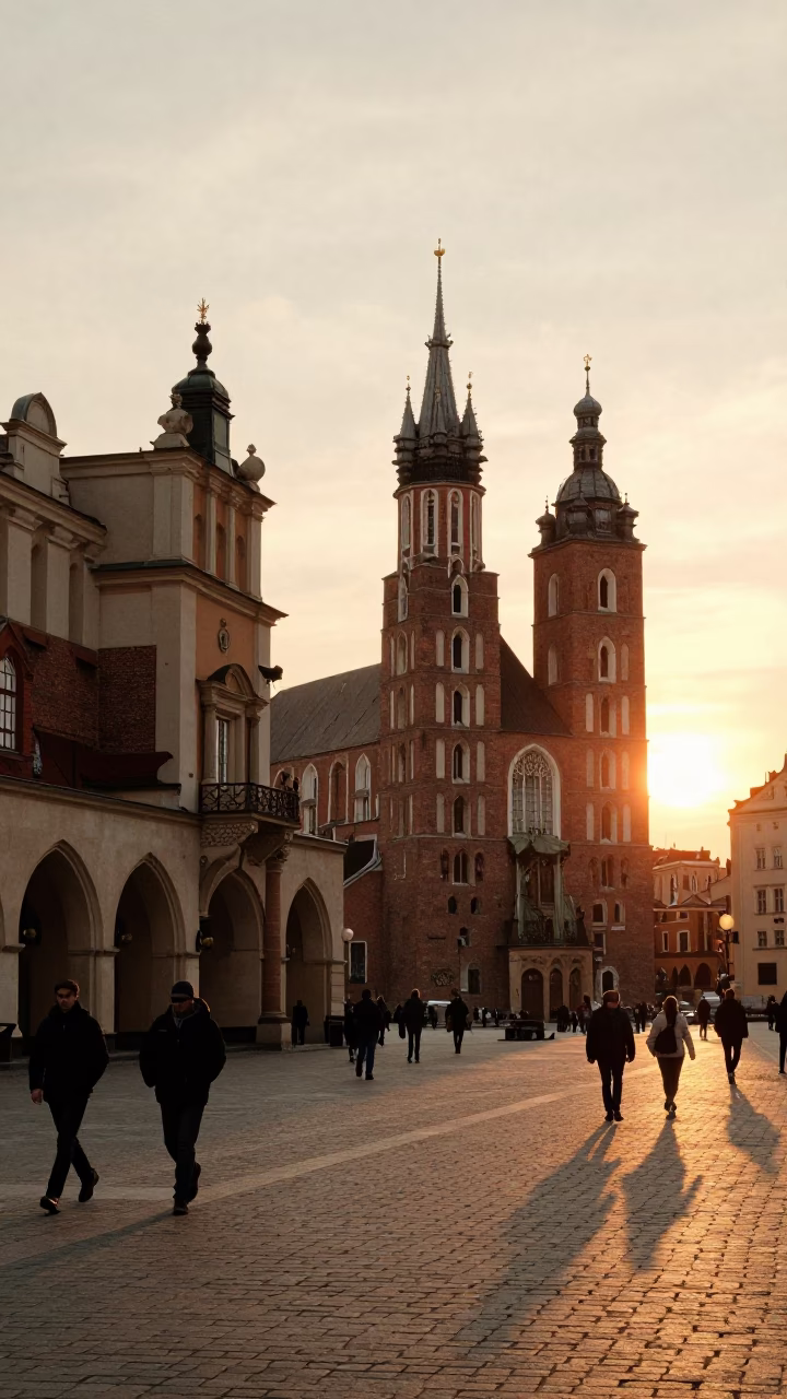 Golden Hour Sunset View of Krakow Old Town Main Market Square with Historic Architecture in in Krakow, Poland