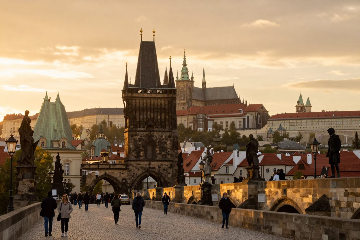 Golden Hour Sunset View of Prague Castle and Charles Bridge from Vltava Riverbank in in Prague, Czech Republic