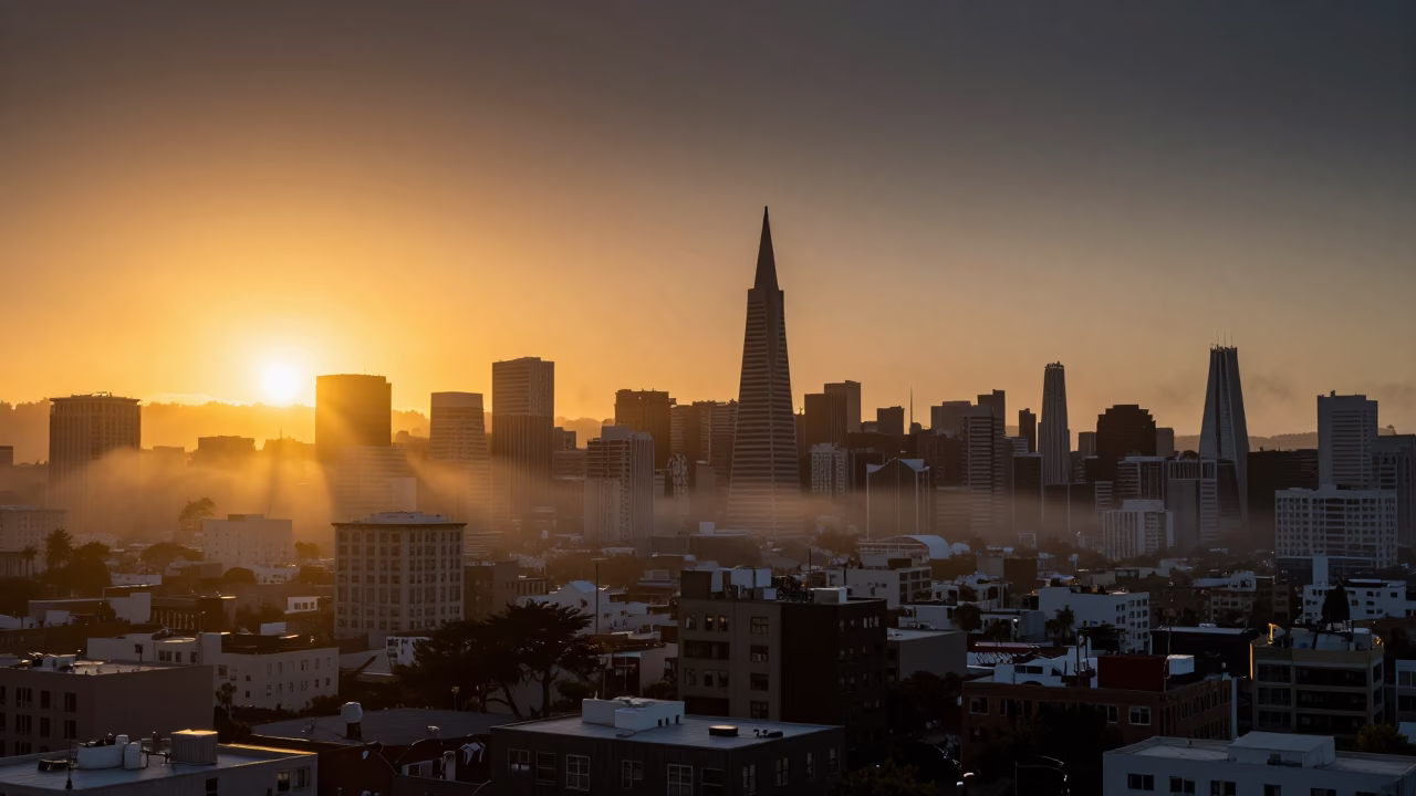 Golden Hour Sunset View of San Francisco Cityscape and Fog Rolling Over Urban Streets in in San Francisco, California, United States