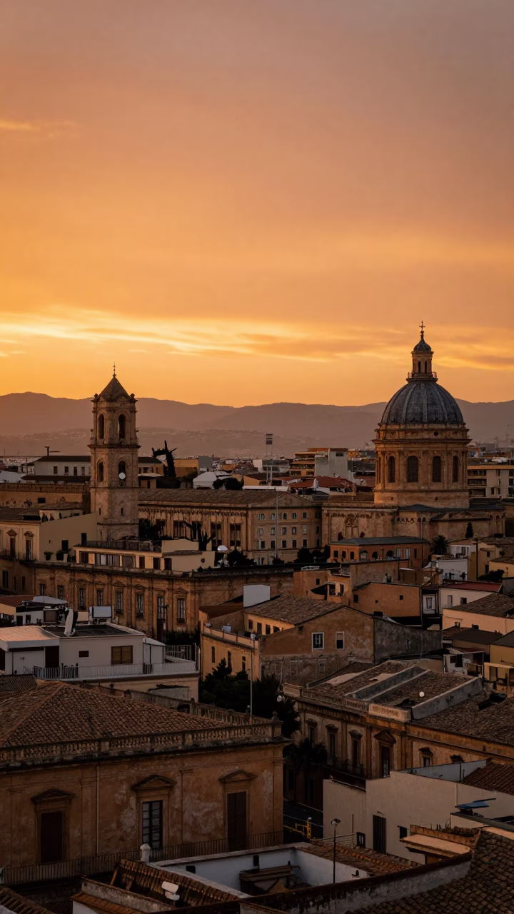 Golden Hour Sunset View Over Palermo Sicily Historic Rooftops and Terracotta Tiles in in Palermo, Italy