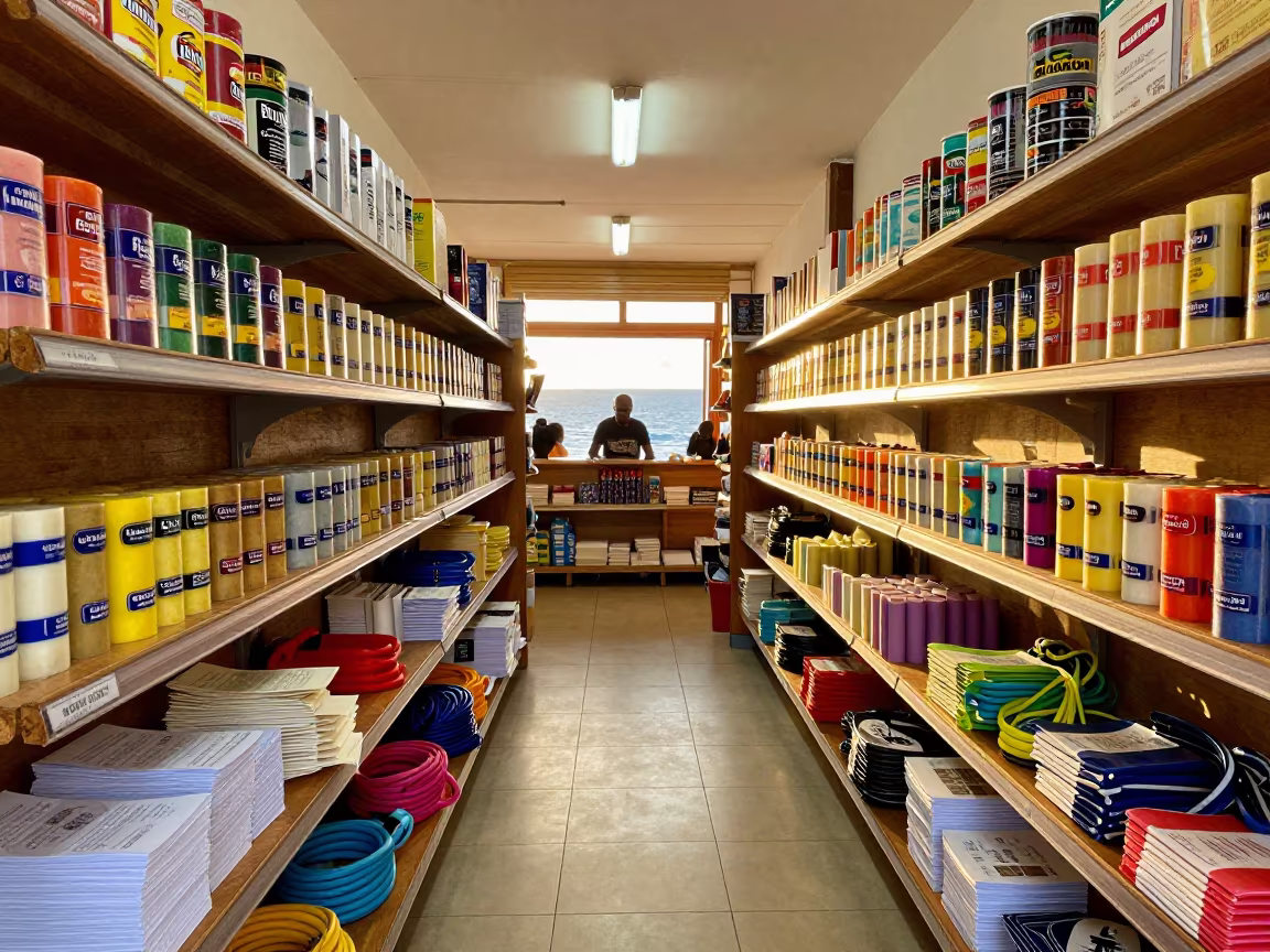 Golden Hour Surf Shop Wax Counter Banjul in inside a bright retail aisle in Banjul