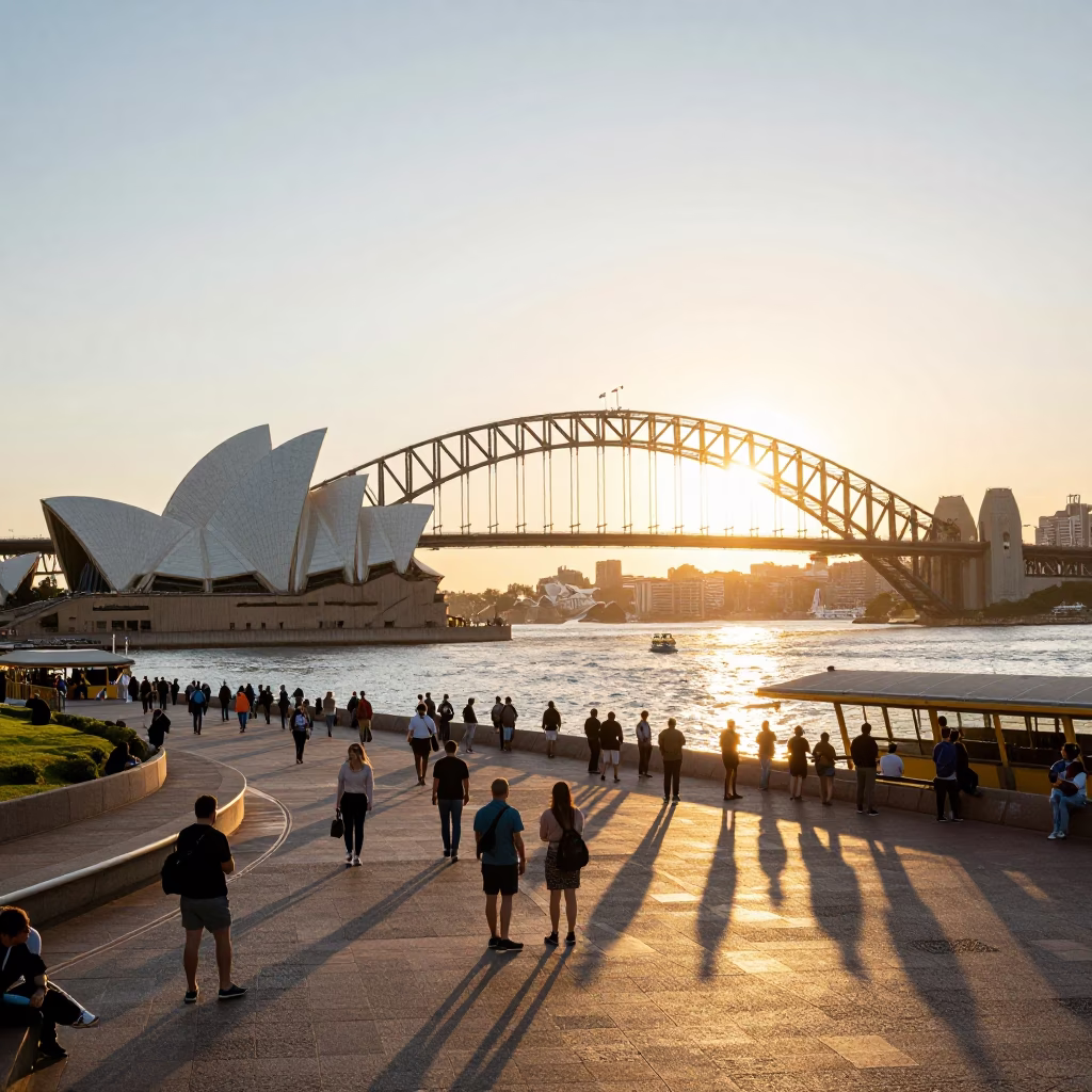 Golden Hour Sydney Harbour Bridge and Opera House Busy Urban Scene in in Sydney, New South Wales, Australia