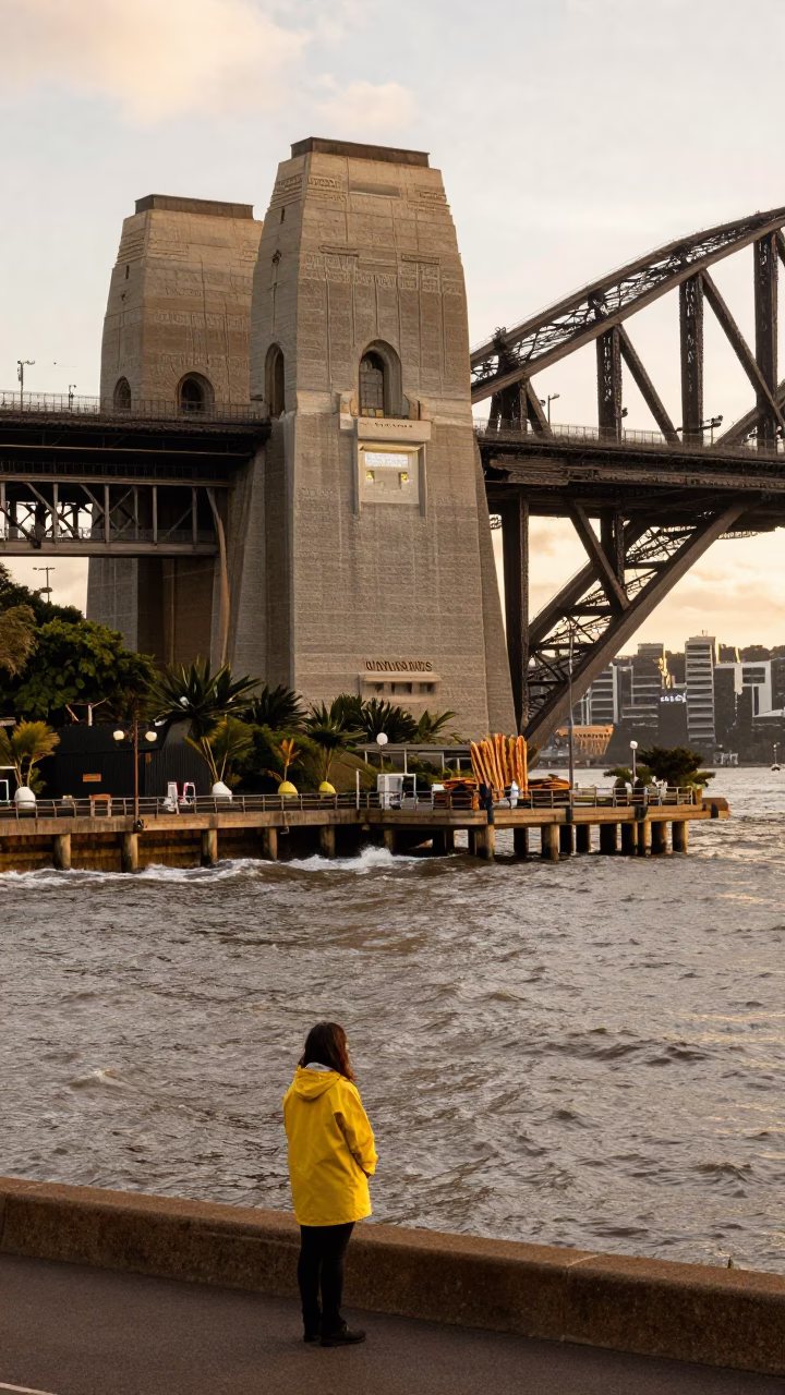 Golden Hour Sydney Harbour Bridge Pier Cutwater and Baguettes from Local Bakery in in Sydney, New South Wales, Australia