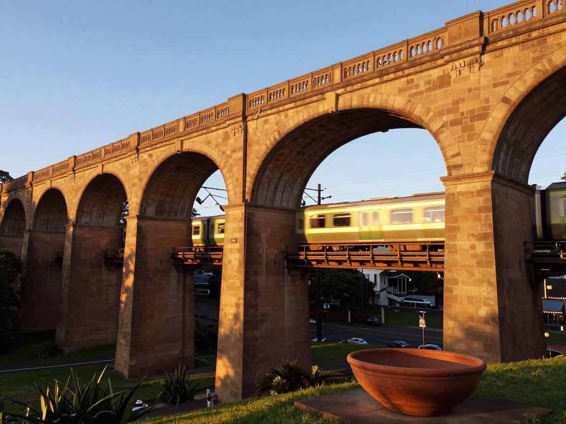 Golden Hour Sydney Railway Viaduct with Passing Train and Terracotta Bowl in in Sydney, New South Wales, Australia