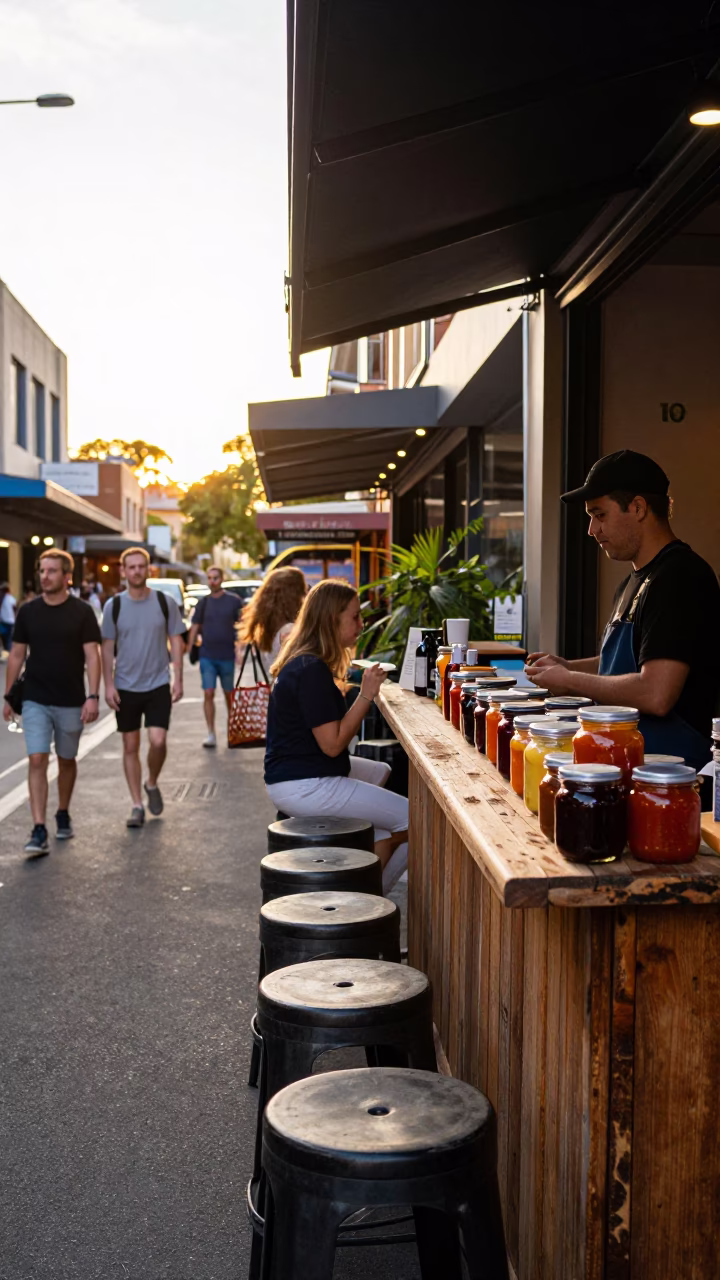 Golden Hour Sydney Street Scene with Bar Stools and Glass Jars in in Sydney, New South Wales, Australia