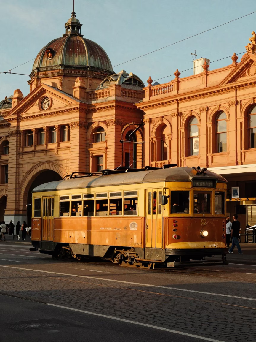 Golden Hour Sydney Street Scene with Tram and Art Nouveau Facades in in Sydney, New South Wales, Australia