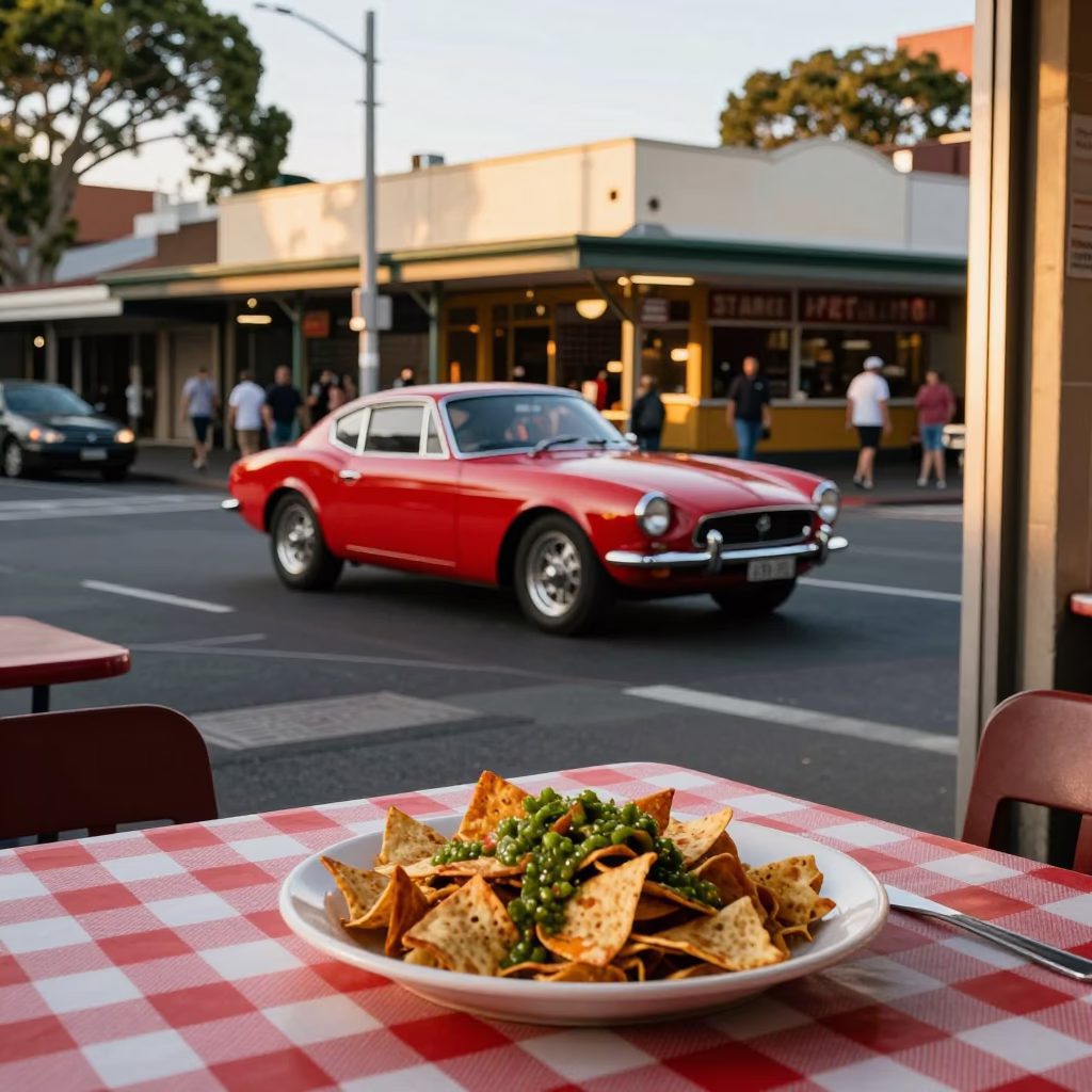 Golden Hour Sydney Street Scene with Vintage Car and Local Diner Food in in Sydney, New South Wales, Australia