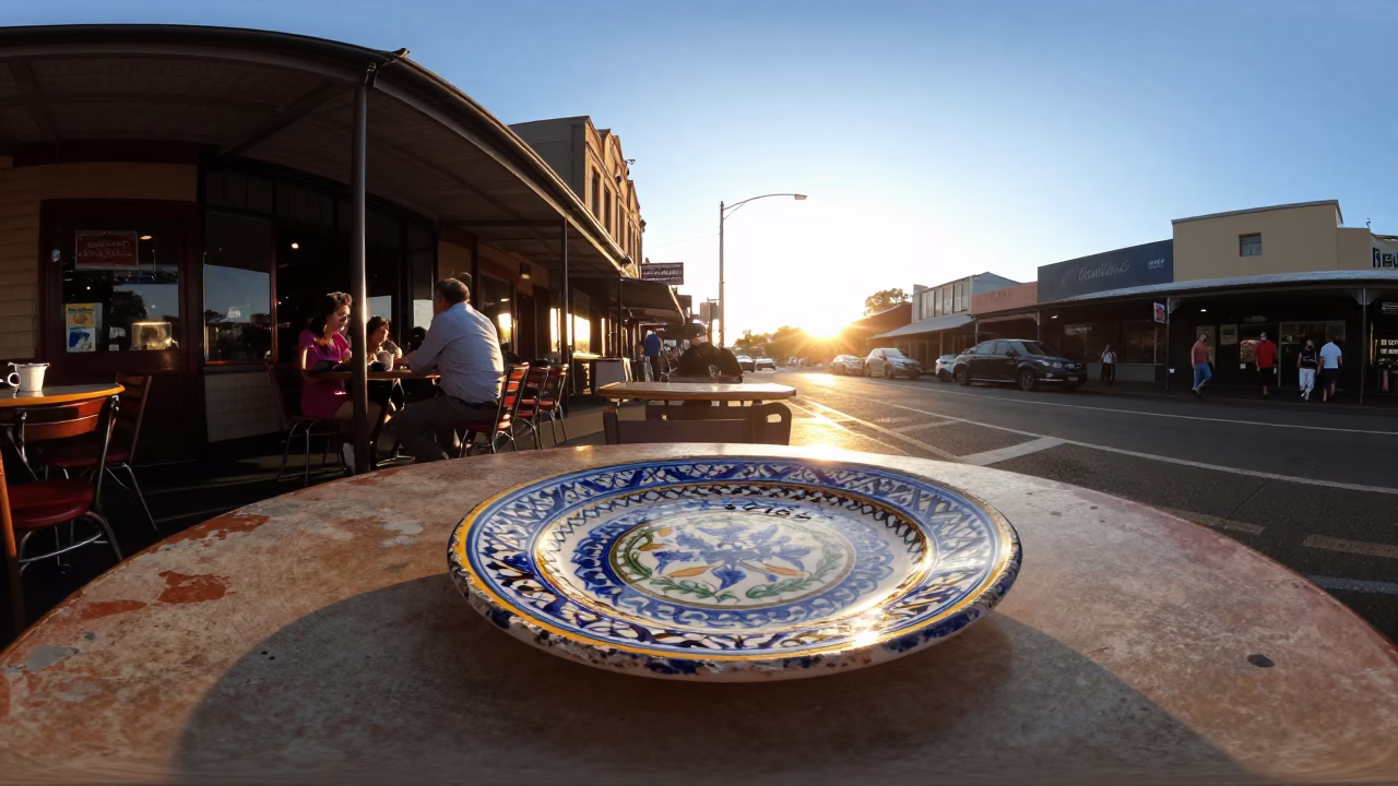Golden Hour Sydney Street Scene with Vintage Majolica Plate and Sun Hats in in Sydney, New South Wales, Australia