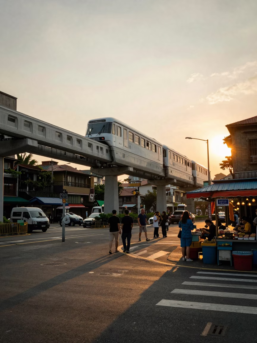 Golden Hour Taipei Street Scene with Monorail and Local Vendors in in Taipei, Taiwan